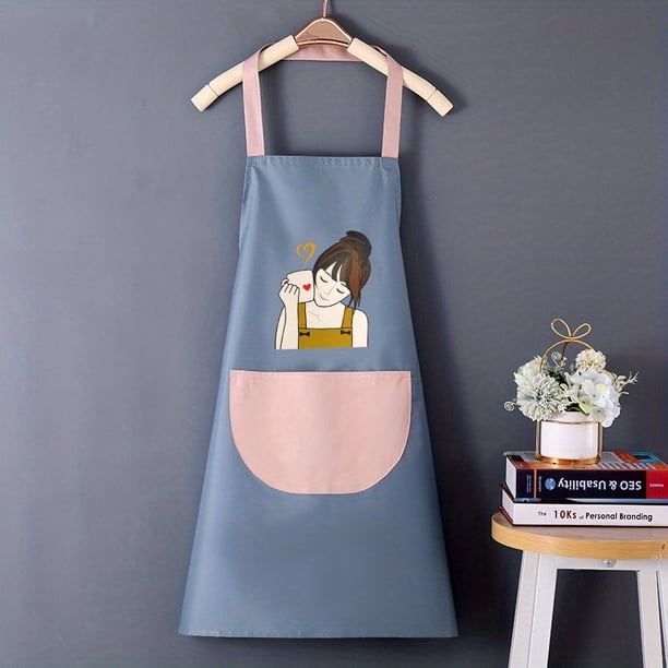 Waterproof And Oil-proof Cartoon Girl Print Apron, New Kitchen Home Cooking Transparent Waist Overalls