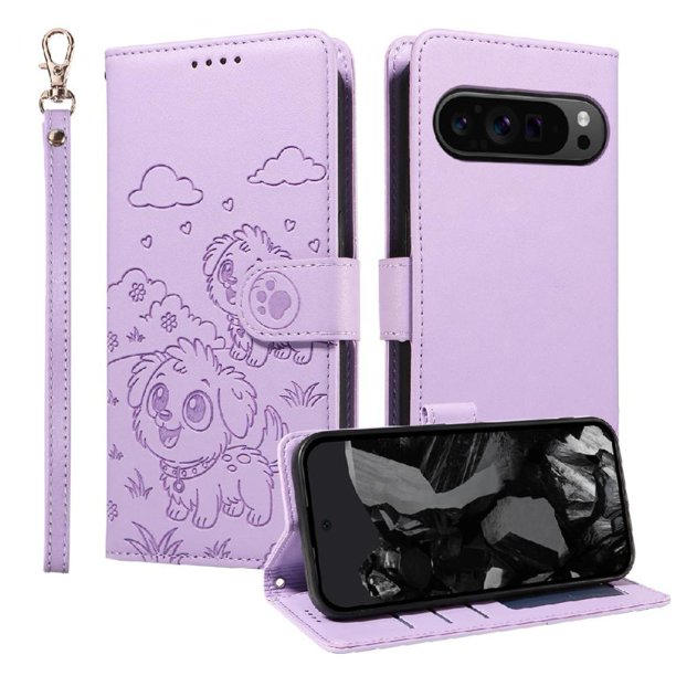 Funda Cartera para Google Pixel 9/9 Pro Perro Cachorro Grabado con Tarjetas Soporte Correa Morado