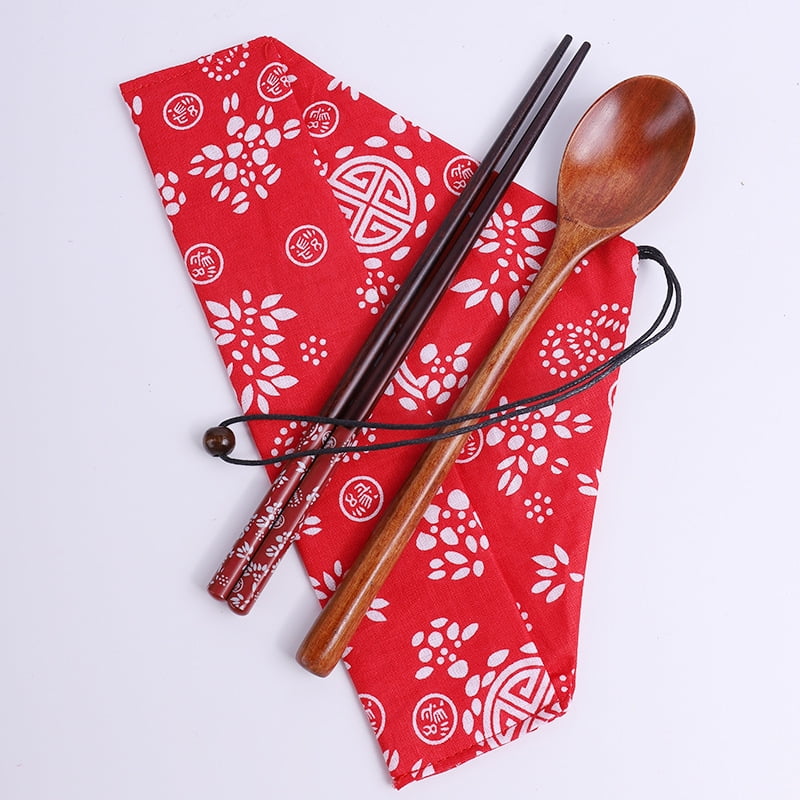 Xmhytop Juego De 2 Cenas De Madera Tableware De Madera Natural, Incluye Bolsa De Almacenamiento,rojo Blanco