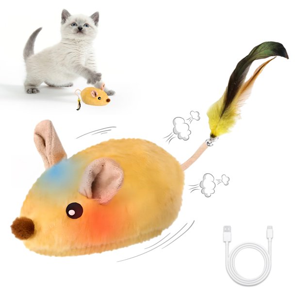 Juguete Interactivo Ratón para Gatos Pixibond, Rata Falsa Automática con Movimiento, Juguete Recargable Realista para Perros y Gatos con Sonido, Pluma y Cascabel, Broma para Asustar