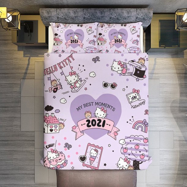 Purple Hello Kitty Comforter Twin SizeComforter Set for Kids Girls3Pcs Bedding Set Printed Comforter with 2 PillowcasesDown AlternativeSoft and Lightweight Bed Sheets