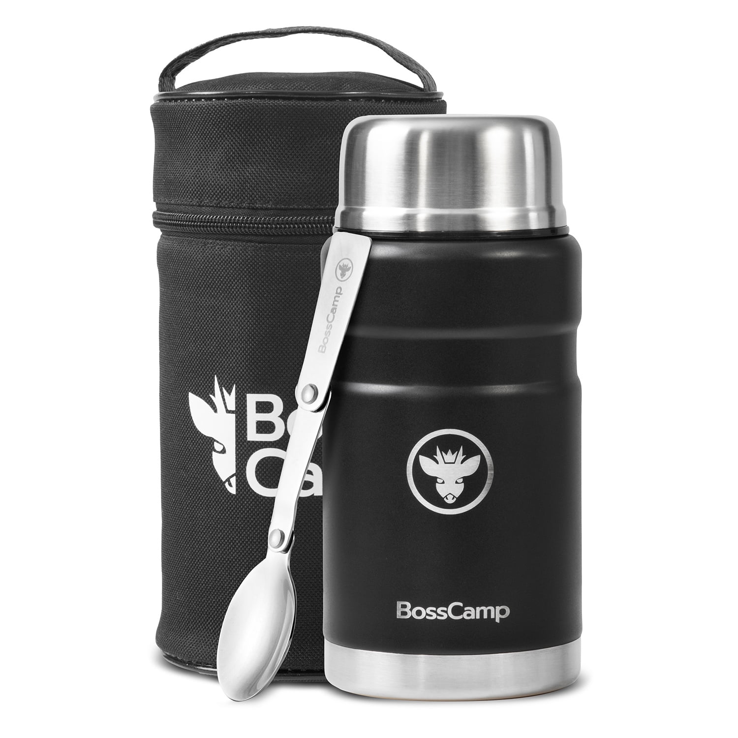 Termo Comida Bosscamp 750 Ml Negro Acero Inox Bolso Cuchara