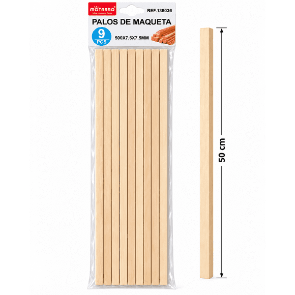 9 Palos de Madera para Maquetas 50 cm x 7,5 mm x 7,5 mm