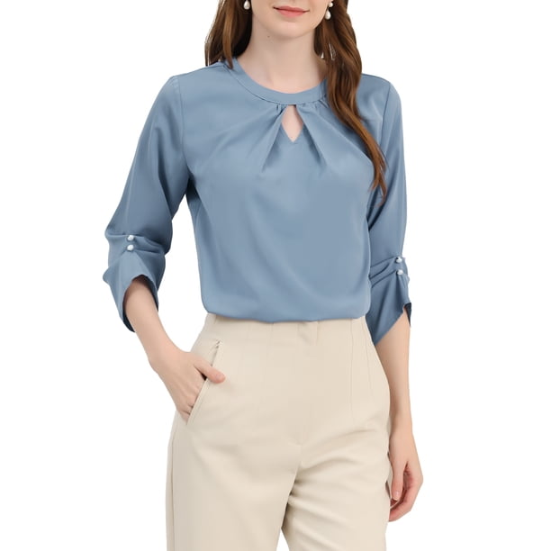 CURVOSPORT Blusa Elegante para Mujer Camisa de Trabajo Oficina con Fruncido Frontal Manga 3/4 Chifón Regreso a Clases Conjunto para Maestra Gris Azul M