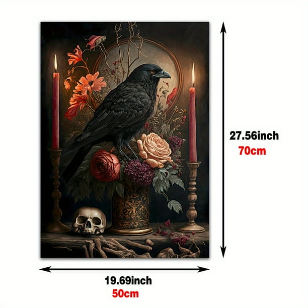 1pc Gothic Crow Raven Skull Flowers & Candles Canvas Wall Art for Home Decor - Abstract Art Painting with Vibrant Colors - Perfect for Bathroom, Bedroom, Office, and Living Room - No Frame Needed