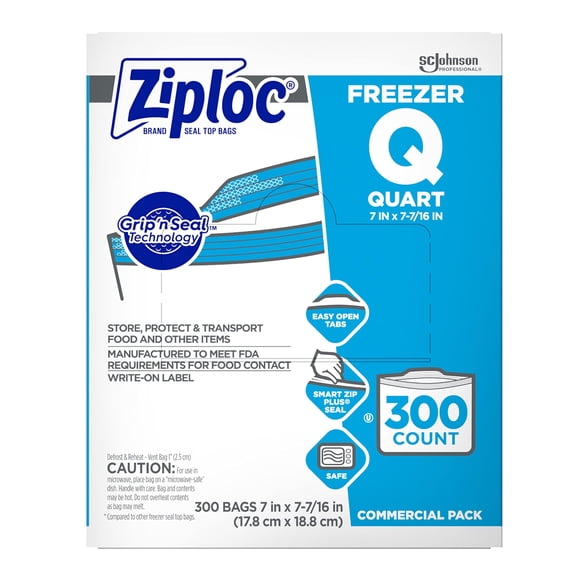 Bolsas de almacenamiento de alimentos SC Johnson Professional Ziploc de un cuarto de galón, 300 unidades