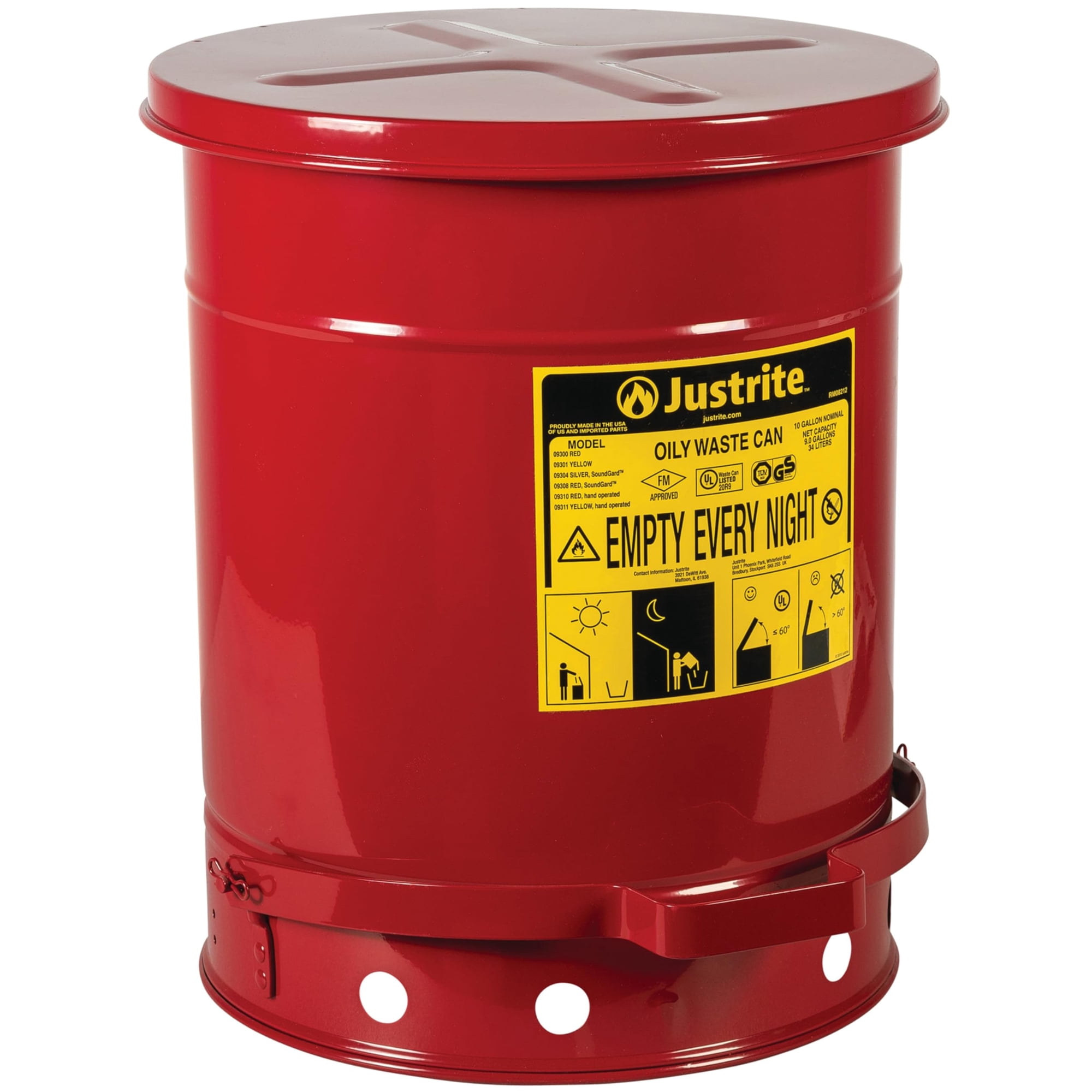 Bote De Basura Aceitosa Justrite De Acero Galvanizado De 10 Litros Con Tapa De Cierre Automático