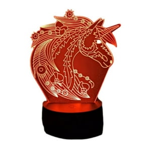 Lelumania - Lampara Ilusion 3D Unicornio Flores De 7 Colores, Base Touch