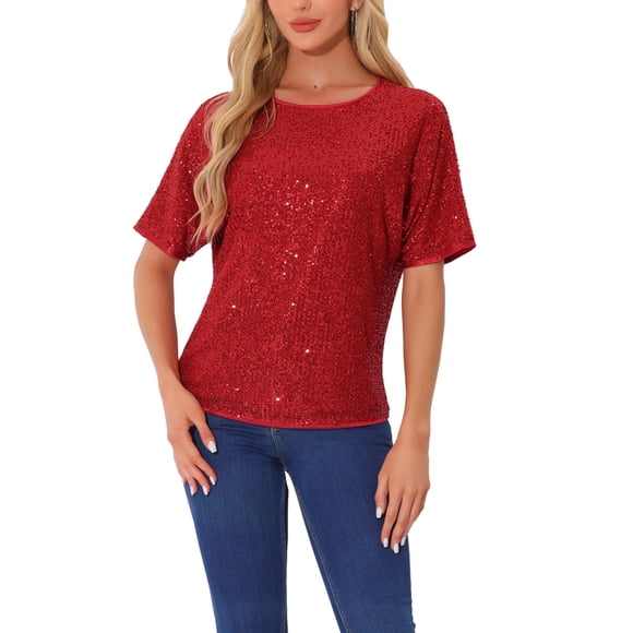 INSPIRE CHIC Camisa de Lentejuelas para Mujer Brillante Manga Dolman Fiesta Blusa Brillante Oversize XL Rojo