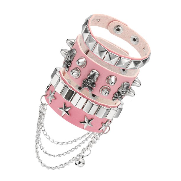 Uxcell 3Pcs Conjunto de Pulseras de Cuero con Tachuelas Rock Punk, 8.7"/22cm Muñequera Ajustable con Picos Góticos para Fiestas de Halloween Accesorios Emo Grunge, Rosa