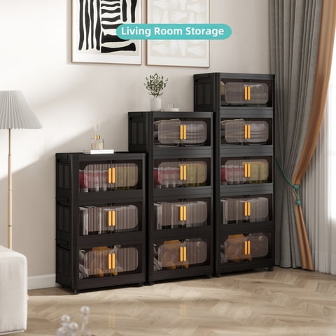 M&Ms - Black,20"" Side Wide Folding Storage Cabinet ,4 Tiers,19.69""×11.81""×40.55"",Collapsible Storage Bins With Magnetic Door, Plastic Storage Cabinet With Wheels