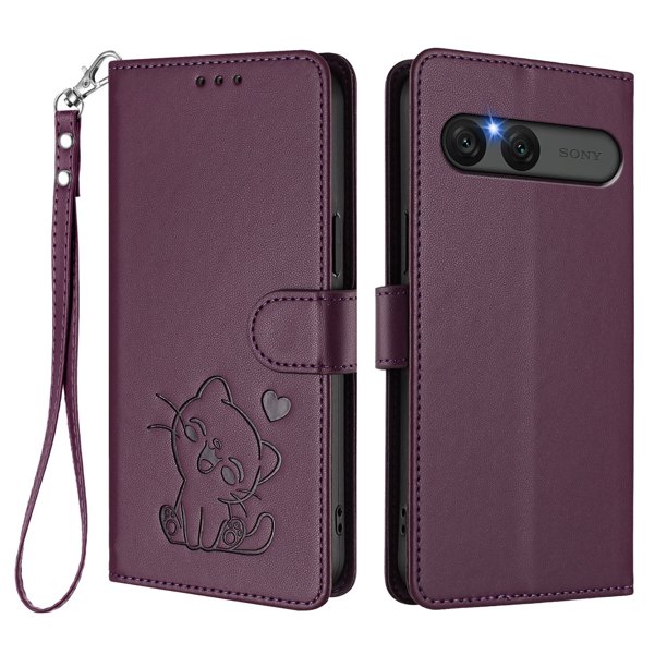 Sony Xperia 10 VII Funda Billetera con Estampado de Gato, Morado Oscuro