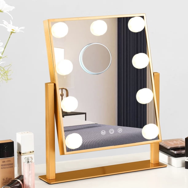 Espejo de tocador BWLLNI Hollywood iluminado para maquillaje, 9 LED, 10 veces, dorado