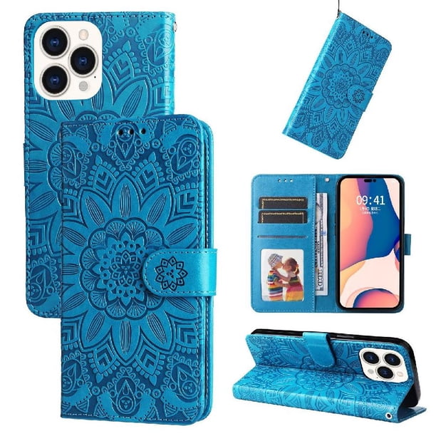 Funda tipo cartera FOXDOCK para iPhone 14 Pro Max , diseño girasol en relieve, cuero PU, cierre magnético, soporte y tarjetero