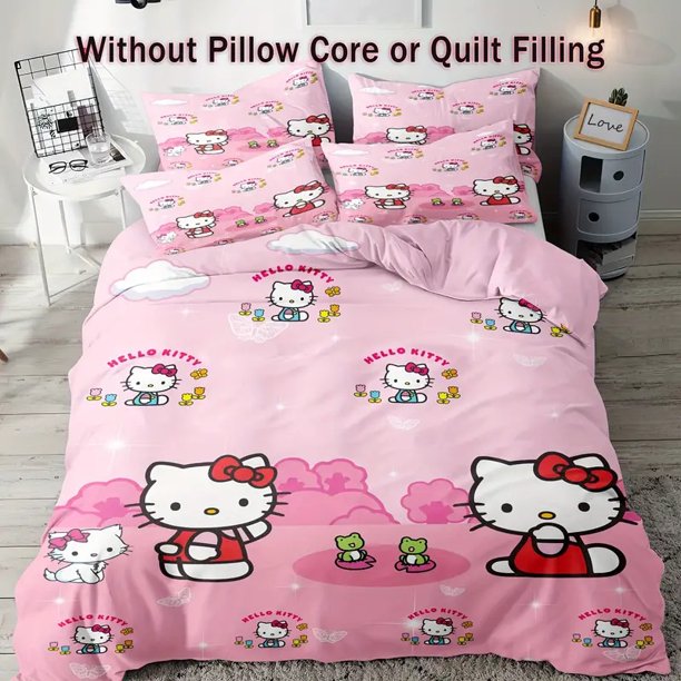 Hello Kitty Pink Duvet Cover Set Cartoon Anime Bedding Set Cute Kids Teens Comforter Cover for Bedroom Home Decoration