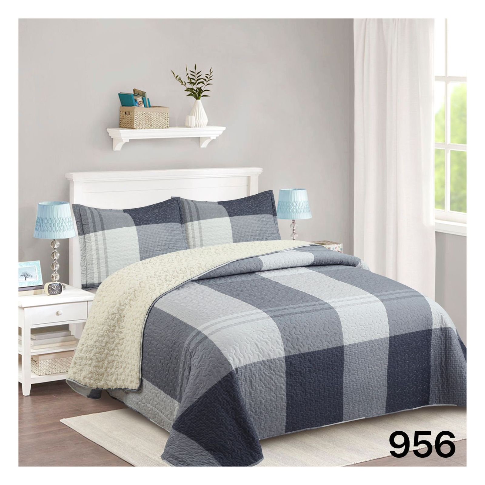 Genérico - Cubrecama Sherpa 1.5 Plazas - Azul Cuadrille M956