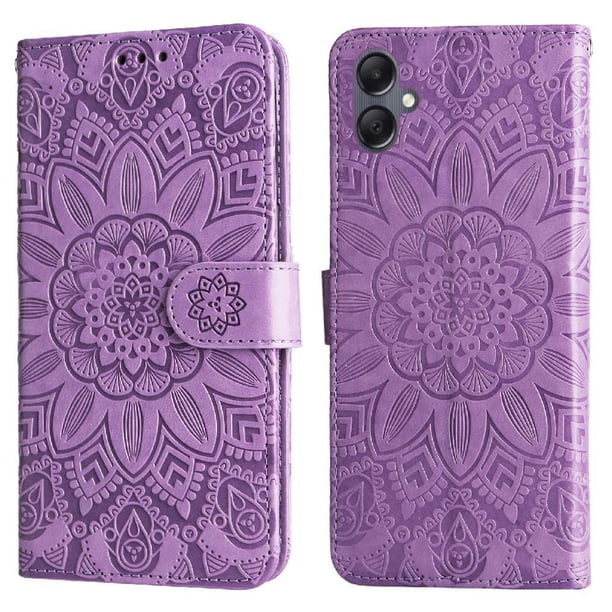 Funda tipo cartera FOXDOCK para Samsung Galaxy A05 , diseño girasol en relieve, cuero PU, cierre magnético, soporte y tarjetero