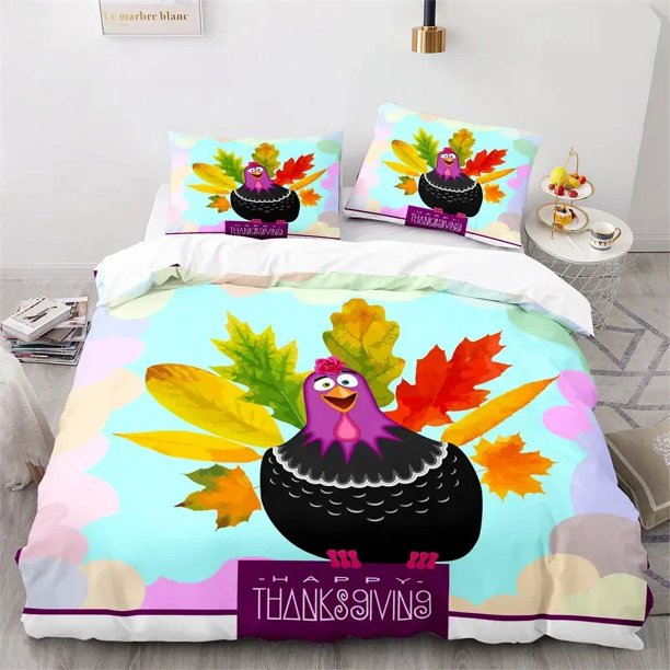 x1575 Bed SheetsThanksgiving Day Duvet Cover Cartoon Pumpkin Turkey Bedding Set Microfiber Maple Leaves Comforter Cover For Boys Girls Teen 3-Piece Bedding Set (1 Duvet Cover + 2 Pillow Shams) nj1575