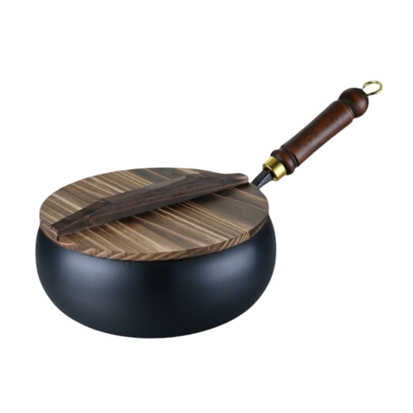 Bothyi - Wok De Hierro Para El Hogar Sin Revestimiento Con Mango De Madera, Sartén De Fondo Plano De 24 Cm