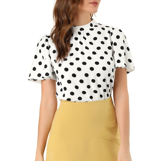 INSPIRE CHIC Top de Lunares con Cuello Alto, Pliegue y Abertura en la Espalda, Manga Corta Acampanada para Mujer, Regreso a Clases, L Blanco Negro