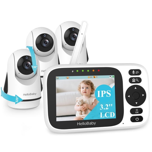 Monitor para bebé HelloBaby de 3.2" con 3 cámaras, sin WiFi y visión nocturna
