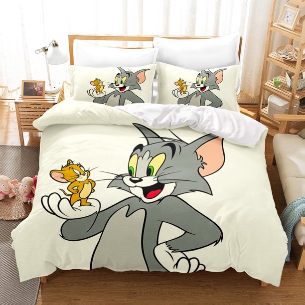 v1030 Bed Sheets Tom and Jerry Bedroom Anime Duvet Set Bedding King Size Luxury Cover -Piece Polyester Christmas Decorations Home 3-Piece Bedding Set (1 Duvet Cover + 2 Pillow Shams) Bed Sheets ju1030