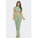 thumbnail image 1 of Saronite Conjunto de Top de Manga Corta y Pantalón Largo Acampanado con Cuello Redondo, Detalle Torcido y Canalé Jaspeado, Verde (para Mujer), 1 of 5