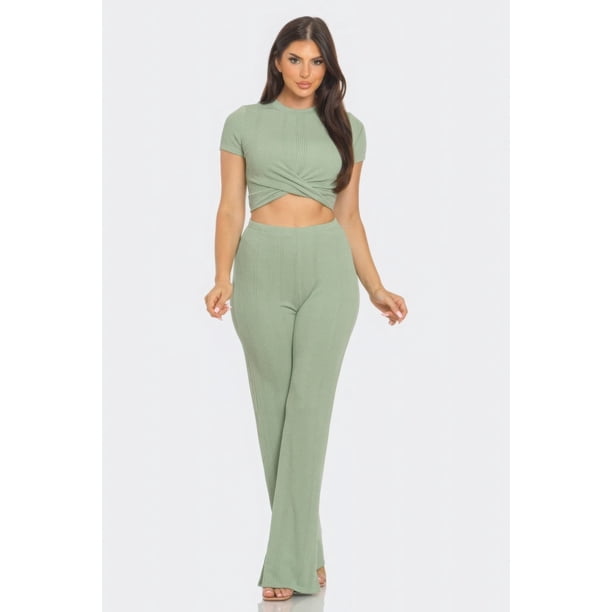 Saronite Conjunto de Top de Manga Corta y Pantalón Largo Acampanado con Cuello Redondo, Detalle Torcido y Canalé Jaspeado, Verde (para Mujer)