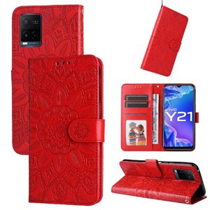 Funda Tipo Cartera Foxdock Para Vivo Y21 , Diseño Girasol En Relieve, Cuero Pu, Cierre Magnético, Soporte Y Tarjetero