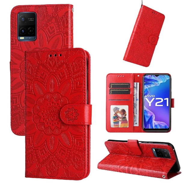 Funda tipo cartera FOXDOCK para Vivo Y21 , diseño girasol en relieve, cuero PU, cierre magnético, soporte y tarjetero