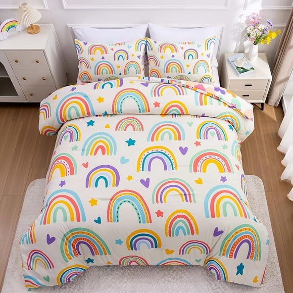 Lightwe-ight So-ft 3 Piece R-ainbow Comfort-er Set with 2 Pillo-w Covers Cartoon Lo-ve Hearts Suns -and Stars Bedding Set- for Girls Boy-s Kids Twin Dark Blue