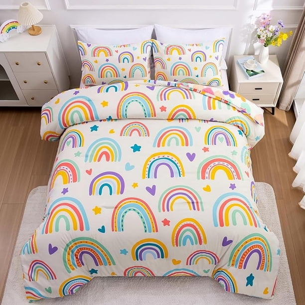 Lightwe-ight So-ft 3 Piece R-ainbow Comfort-er Set with 2 Pillo-w Covers Cartoon Lo-ve Hearts Suns -and Stars Bedding Set- for Girls Boy-s Kids Twin Dark Blue