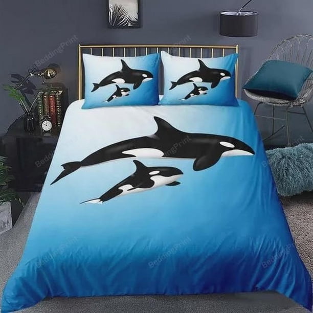 Whale Orca Mother Baby Swimming in The Ocean Theme Quilt Duvet Cover Set3-Piece Bedding Set