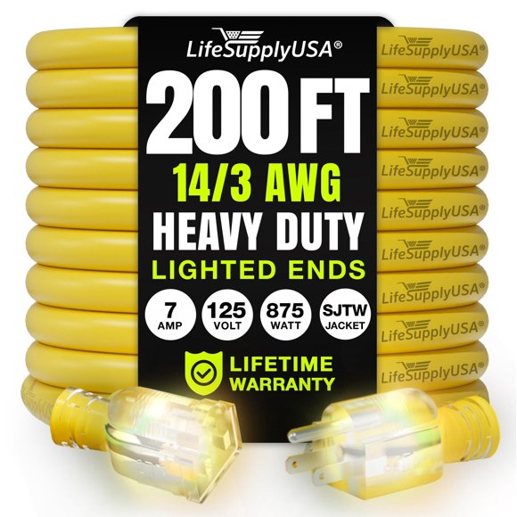 Cable de extensión LifeSupplyUSA de 61 m, resistente, de 3 clavijas, impermeable