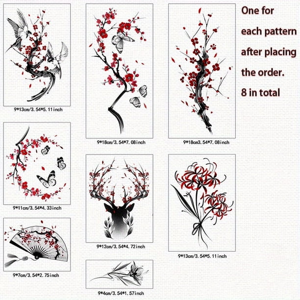 A Set Of 8 Original Fashion Colorful Cute Chinese Style Plum Blossom Retro Fashion Good Luck Advanced Tattoo Stickers Waterproof Durable