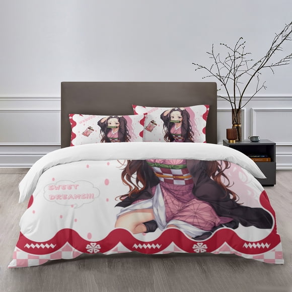 Nezuko Bedding Sets Bed Cartoon Duvet Cover Lightweight 3 Piece Bet Sets for Kids Boys Girls