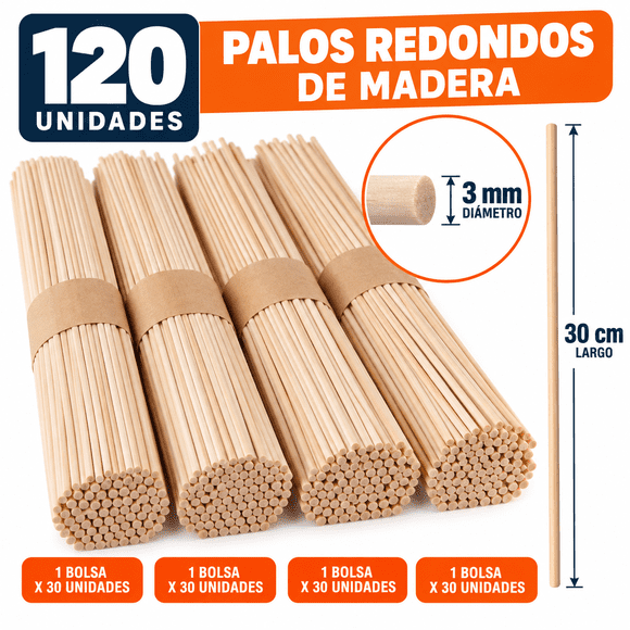 Pack 120 Palos Redondos de Madera 30 cm x 3 mm para Maquetas y Manualidades