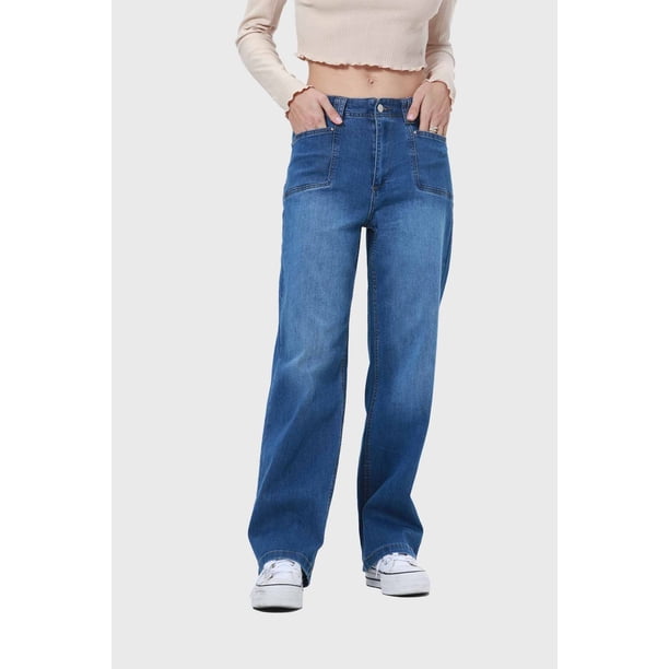 Jeans Mujer Bolsillo D Calce Recto Azul