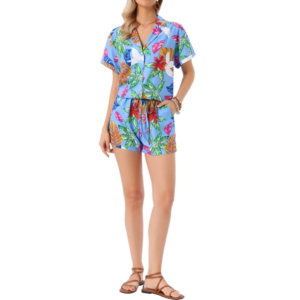 Conjuntos hawaianos para mujeres Regreso a clases 2 piezas Camisa con botones y pantalones cortos florales Trajes casuales de playa para vacaciones tropicales 2026 M Azul