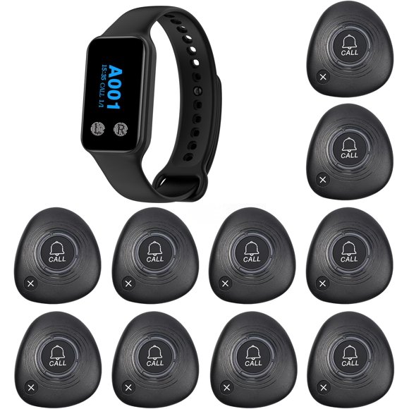 Sistema inalámbrico de aviso para restaurantes WNKRUN con 1 reloj receptor impermeable y 10 botones de llamada con tecla de cancelación