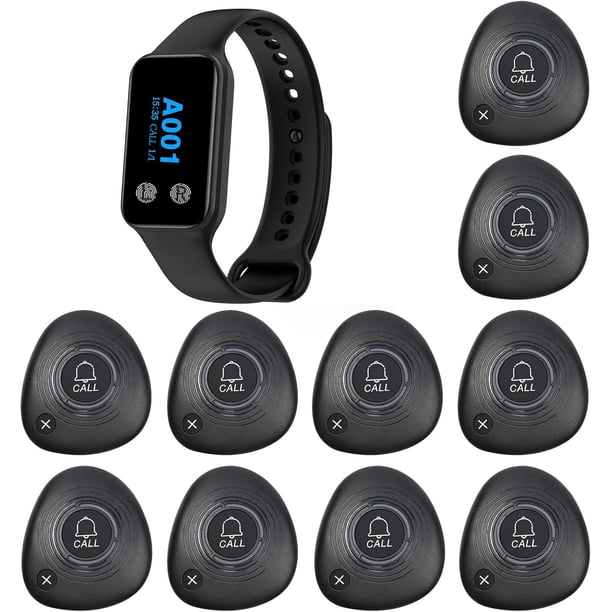 Sistema inalámbrico de aviso para restaurantes WNKRUN con 1 reloj receptor impermeable y 10 botones de llamada con tecla de cancelación
