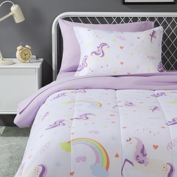 Amazon Basics Juego de ropa de cama infantil de microfibra suave y fácil de lavar, 5 piezas, Twin, diseño de unicornio