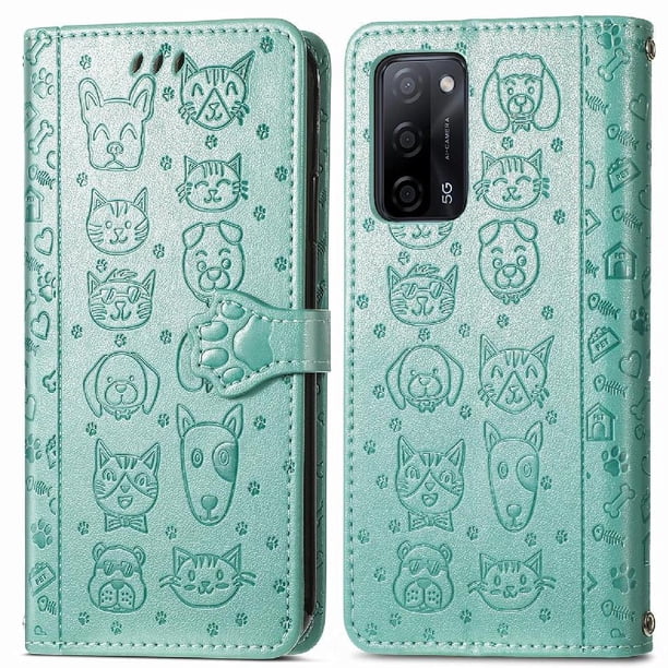 Funda Cartera FOXDOCK para OPPO A55 5G , Flip PU con Relieve de Gatos y Perros, Tarjetero y Soporte