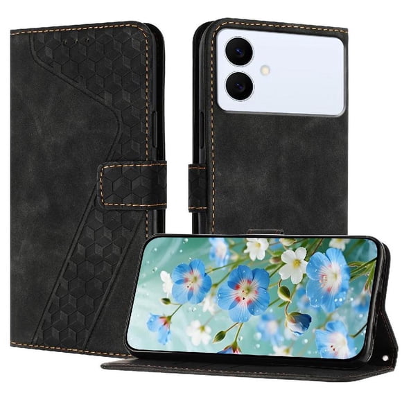 Funda tipo cartera para Samsung Galaxy S26 Edge con tarjetero, bolsillo para billetes, soporte, cierre magnético y correa para la muñeca, funda tipo folio con textura geométrica negro