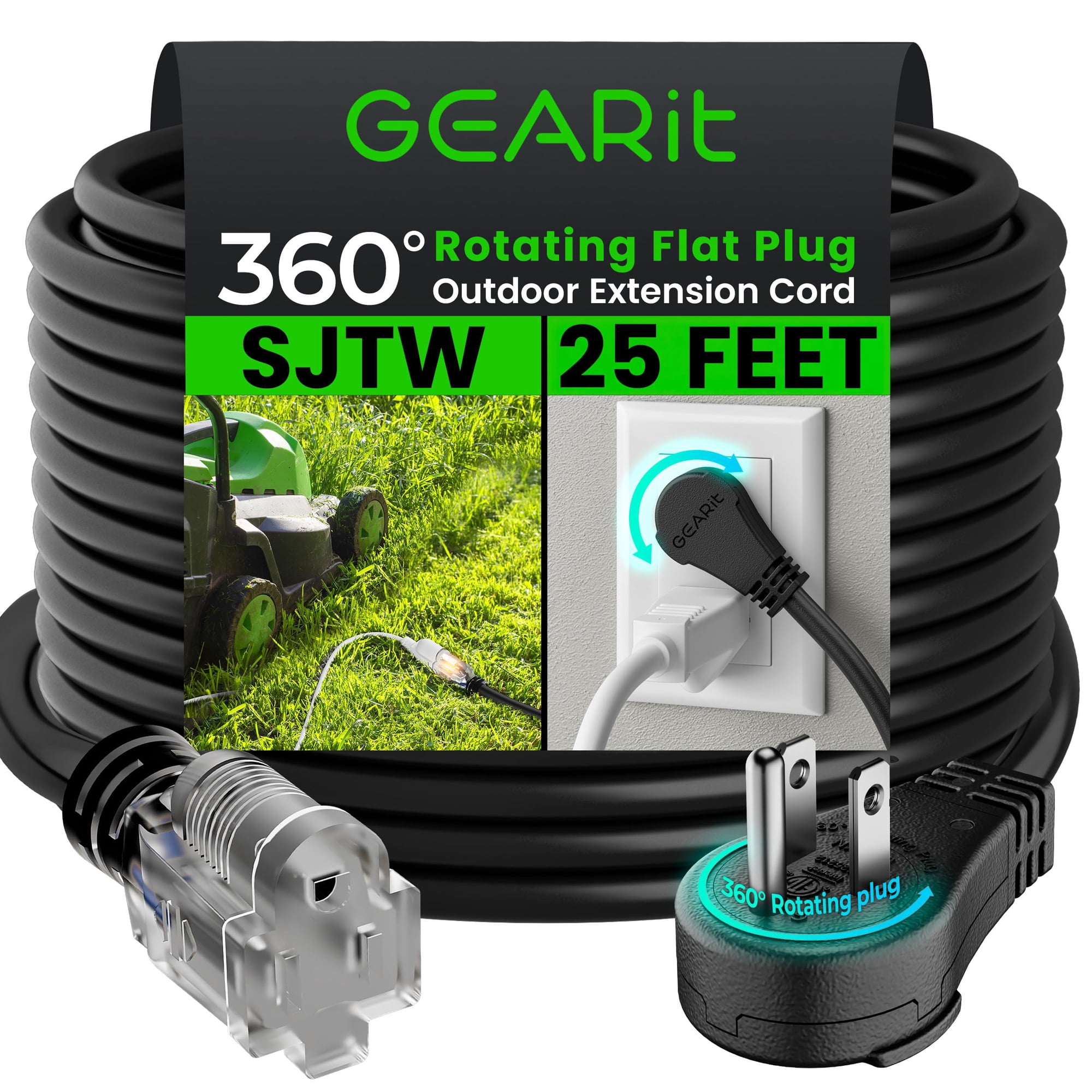 Cable De Extensión Gearit 360, Enchufe Giratorio De 25 Pies, Resistente Al Agua