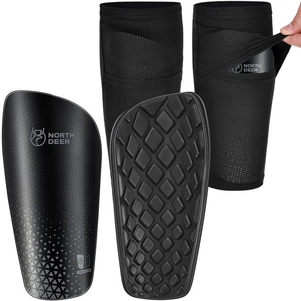 Espinilleras de fútbol para hombre, incluidas mangas con bolsillo interior optimizado, equipo de protección de fútbol para niños y adultos (negro XL)