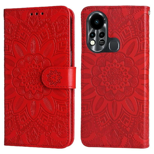 Funda tipo cartera FOXDOCK para Infinix Hot 11s , diseño girasol en relieve, cuero PU, cierre magnético, soporte y tarjetero