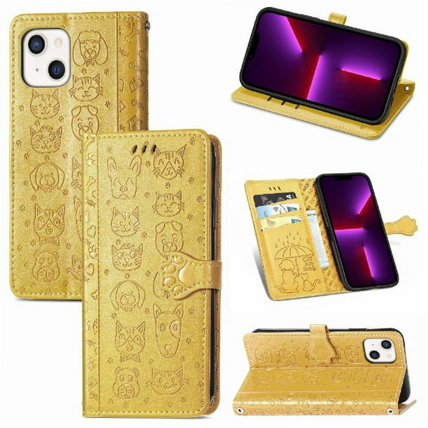 Funda Cartera FOXDOCK para iPhone 13 , Flip PU con Relieve de Gatos y Perros, Tarjetero y Soporte