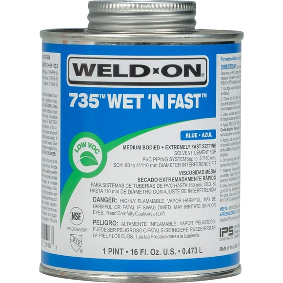 Cemento de PVC Weld-On 12496 735 Wet 'N Fast, de cuerpo medio, 480 ml