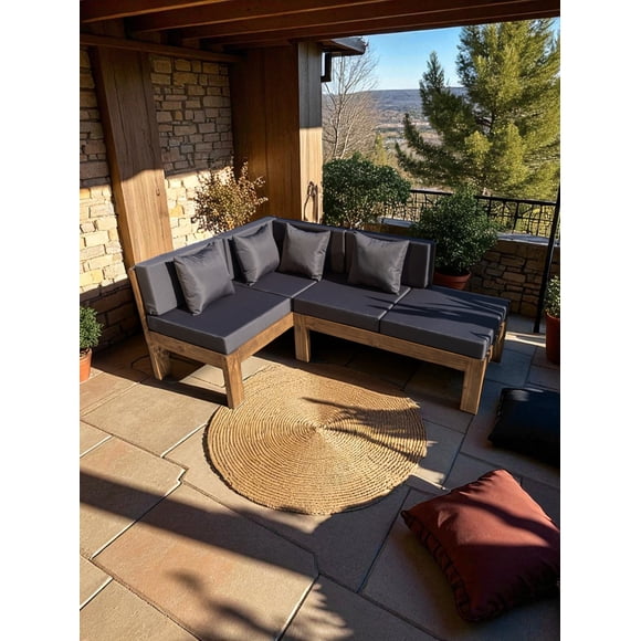 Terraza Rústica Modelo Ele 4 Cuerpos Madera Color Roble Cojinería Gris Oscuro